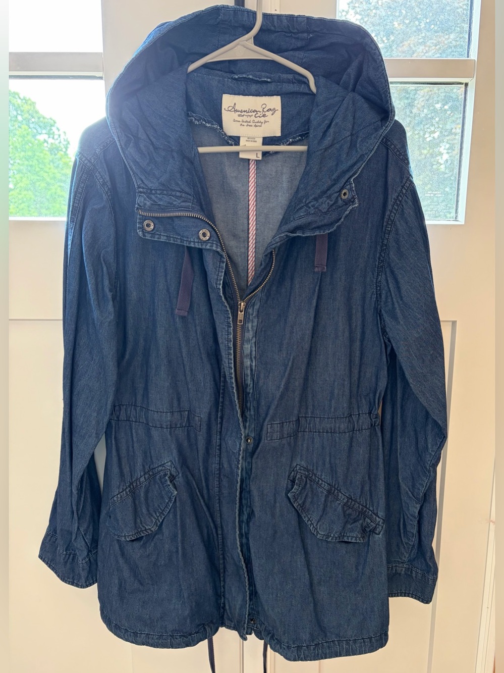 Hooded denim jacket American Rag large jean utility tie waist full zip